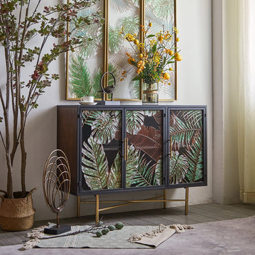 41" Modern Sideboard Buffet Colored Drawing Surface Tempered Glass Doors and Shelves in Gold